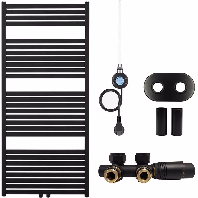 Kit radiatore per bagno Vincenzo - riscaldamento combinato, antenna Wi-Fi - attacco centrale da 50 mm - 600W - nero opaco - 1340x600 mm