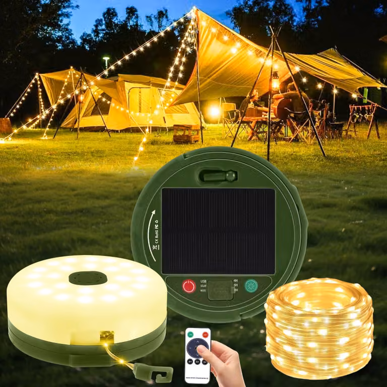 Catena luminosa a LED per campeggio, 10 metri, con alimentazione solare e USB, 8 modalità, arrotolabile
