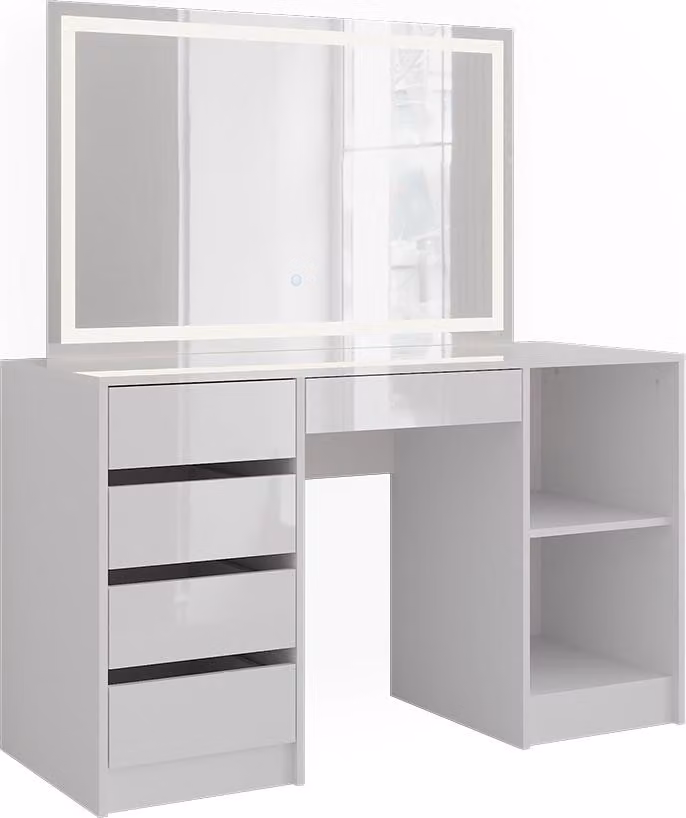 Tavolo da toeletta Vicco Sherry Bianco/Bianco lucido 128.2 cm con specchio a LED, Model 57631