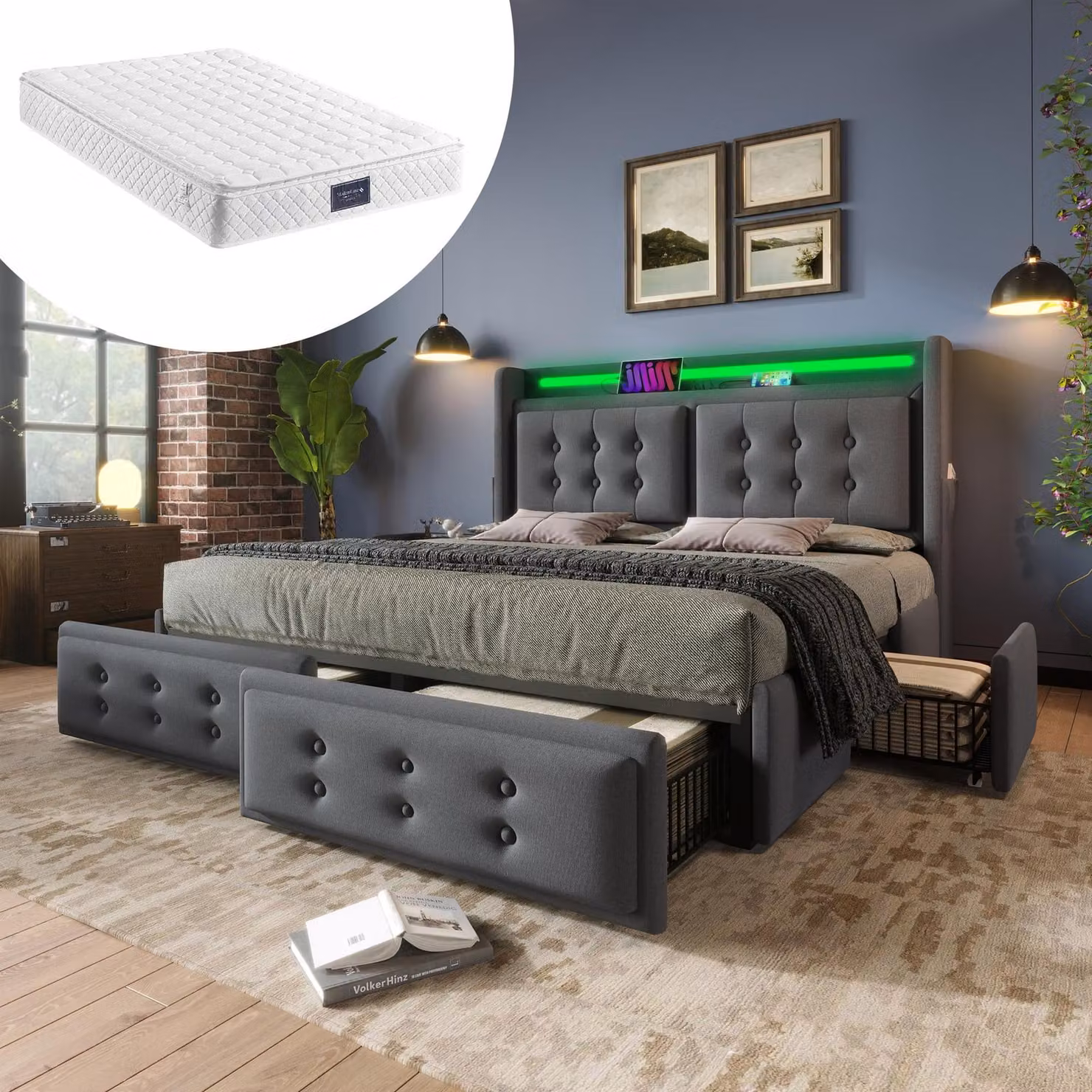 MODFU Letto imbottito multifunzionale 140 x 200 cm con porta di ricarica USB e 4 prese, Letto matrimoniale con contenitore, Rete in legno e metallo, Grigio (con materasso)