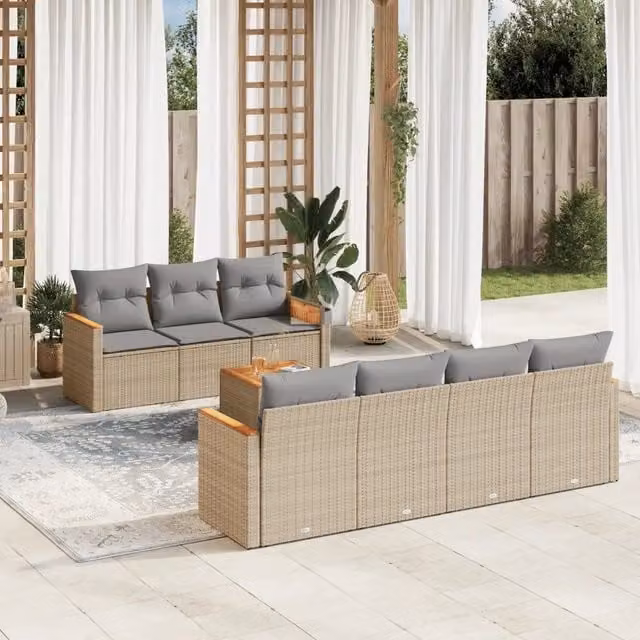 vidaXL Set Divano da Giardino 8 pz in Polyrattan con Cuscini Beige e Tavolino da Esterno