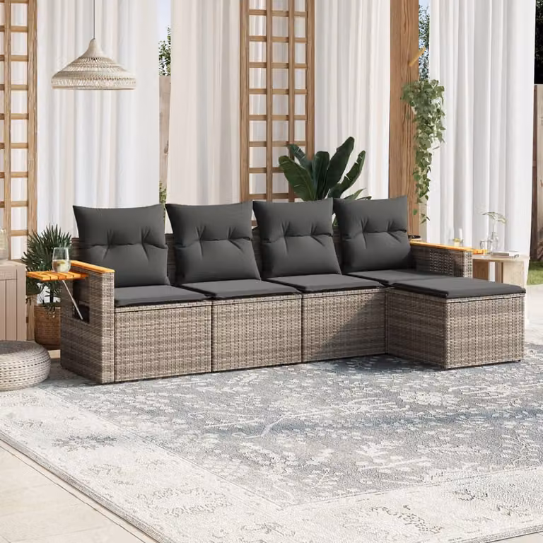 vidaXL Set Divano da Giardino 5 pz a L in Polyrattan Grigio con Cuscini Imbottiti e Coperture Rimosse