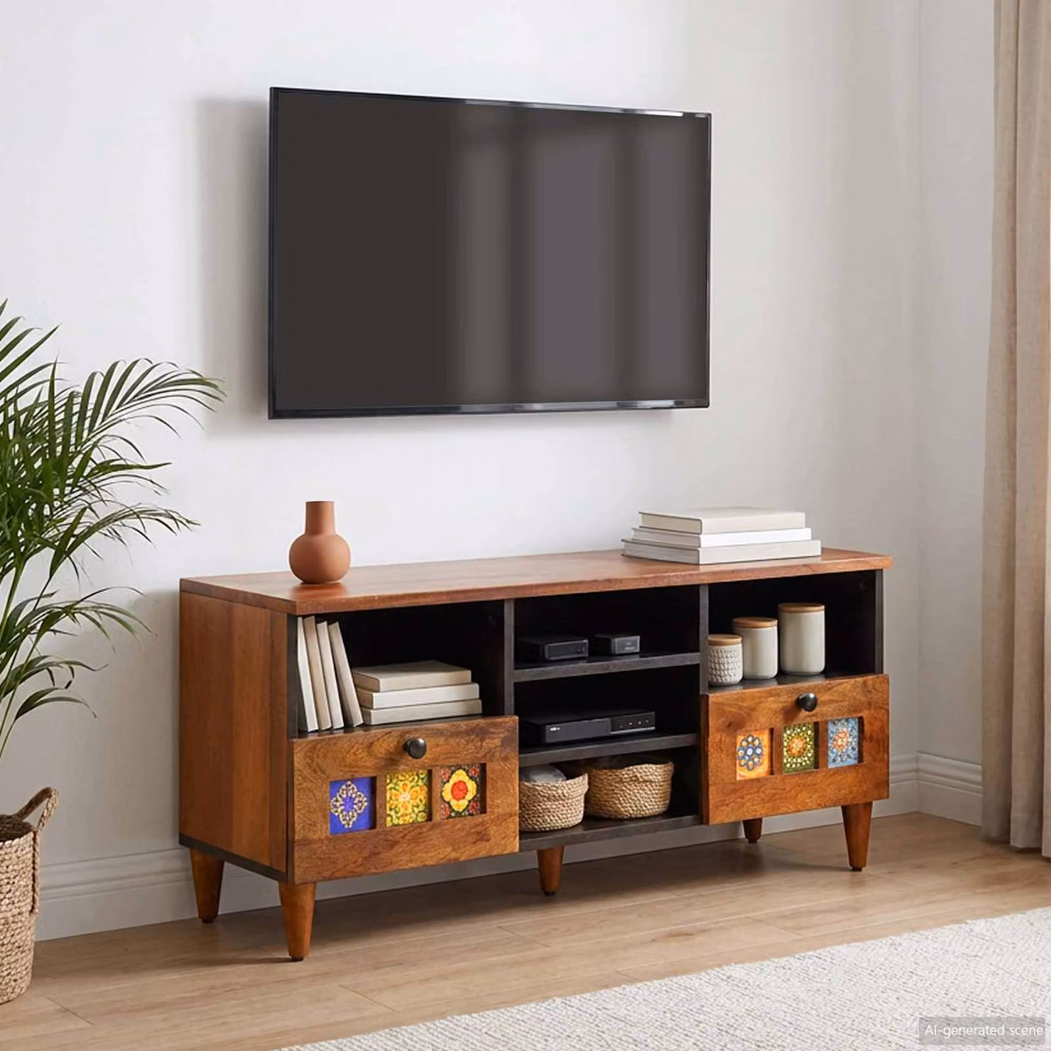Mobile TV vidaXL in legno di mango massello color noce, L 100 x P 33 x H 46 cm