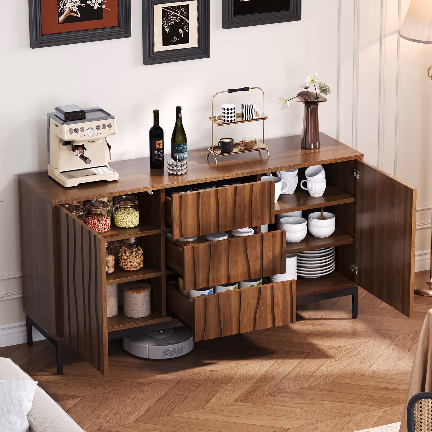 okwish Mobiletto da cucina, Commode 150 cm, Mobiletto da pranzo, Mobiletto da cucina, Mobiletto portaoggetti, Mobiletto buffet, Design semplice, Testa di moro