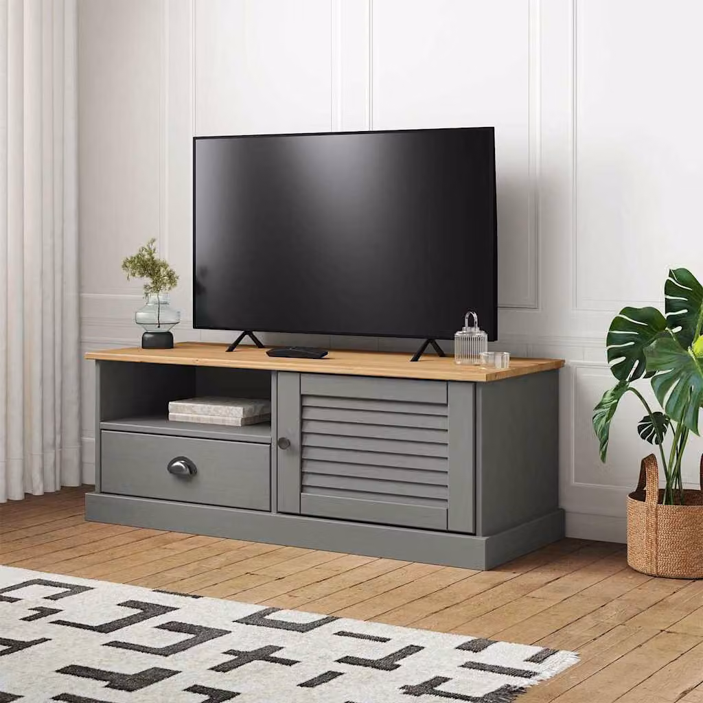 vidaXL Mobile Porta TV VIGO Grigio in Legno di Pino Massello e Metallo, L 106 x P 40 x H 40 cm