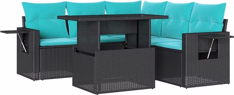 set di 6 divani da giardino con cuscini, in polyrattan nero