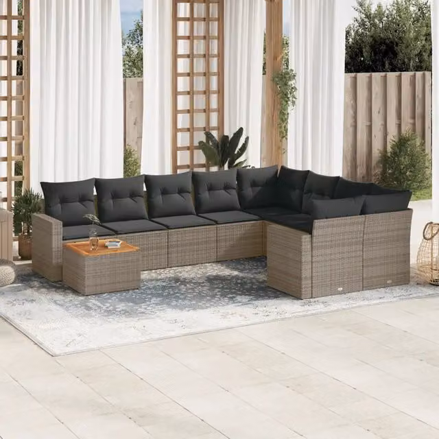 Set Divano da Giardino a L vidaXL in Polyrattan Grigio con 10 Pezzi e Cuscini