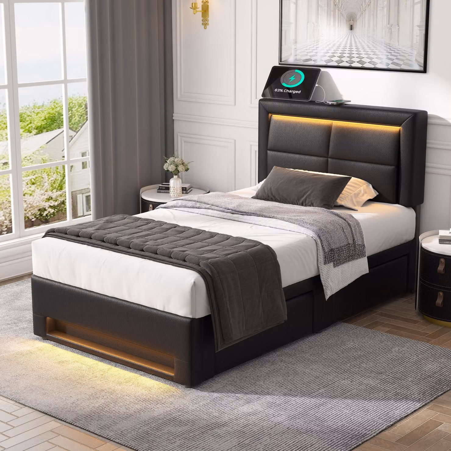 okwish Letto imbottito, Letto per bambini, 90x200 cm, Struttura letto con porta USB, Letto singolo con illuminazione LED e 4 cassetti, senza materasso, nero