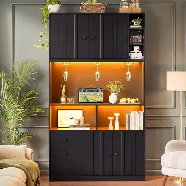 Mobile per Cucina con LED e Porte Vetrate ¨C Minimal ¨C 180 cm, Legno Multistrato, Colore Bianco