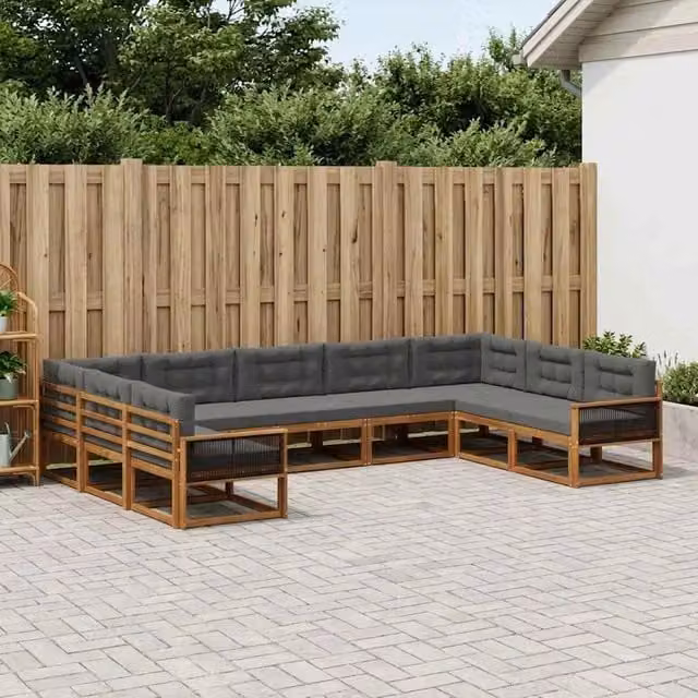 Set di divani da esterno a L vidaXL in legno di acacia con cuscini, beige e antracite, 9 pezzi – 1