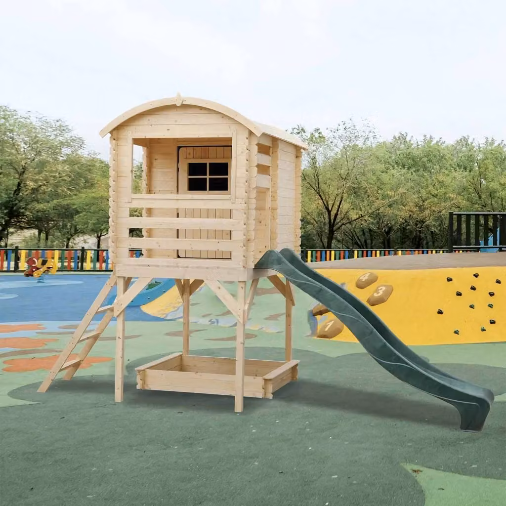 Casetta in legno Joy di FRANKYSTAR per bambini con sabbiera e scivolo, marrone e multicolore, L/P/H: 265 x 181 x 146 cm – 2