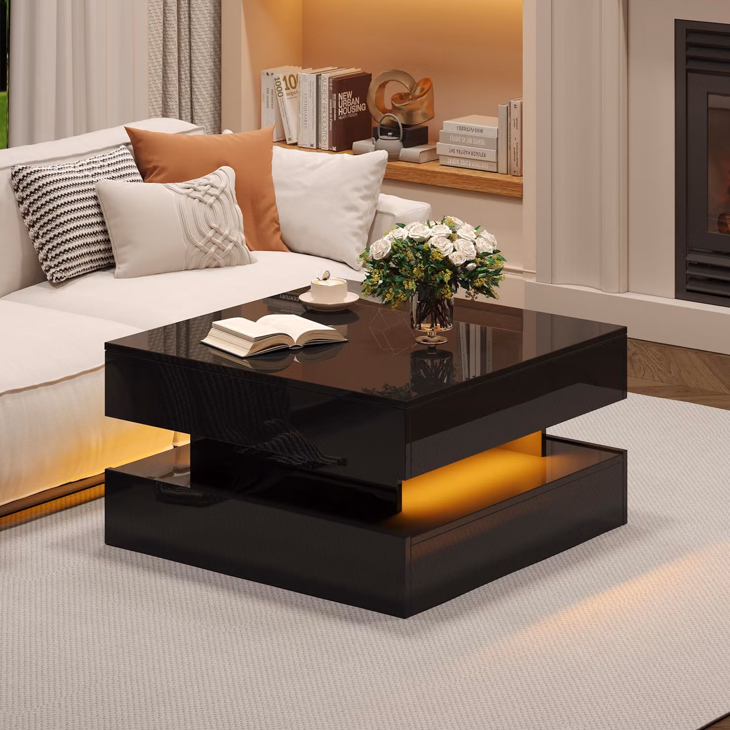 Tavolino da salotto moderno nero con meccanismo regolabile in altezza e finitura lucida, L/P/H: 65 x 65 x 38,5 cm – 2