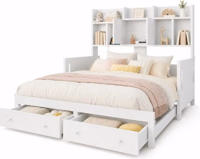 Letto divano estraibile 90×190 e 180×190 cm 2 posti, 2 cassetti, presa e luce LED, senza materasso, bianco