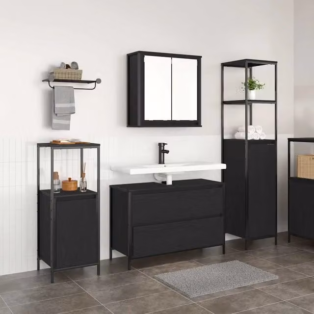 Set di mobili per il bagno 3 pz Rovere Nero 90 x 34,5 x 60 cm 3328359