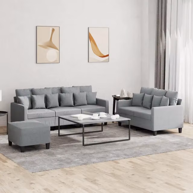 Set di divani moderno vidaXL in tessuto grigio composto da divano a 3 posti, divano a 2 posti e pouf con cuscini inclusi