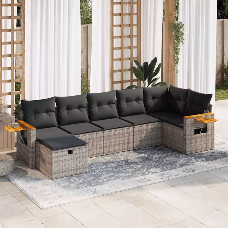 Set di divani da giardino vidaXL a forma di L composto da 7 pezzi in polyrattan e legno di acacia con cuscini grigi e coperture rimovibili