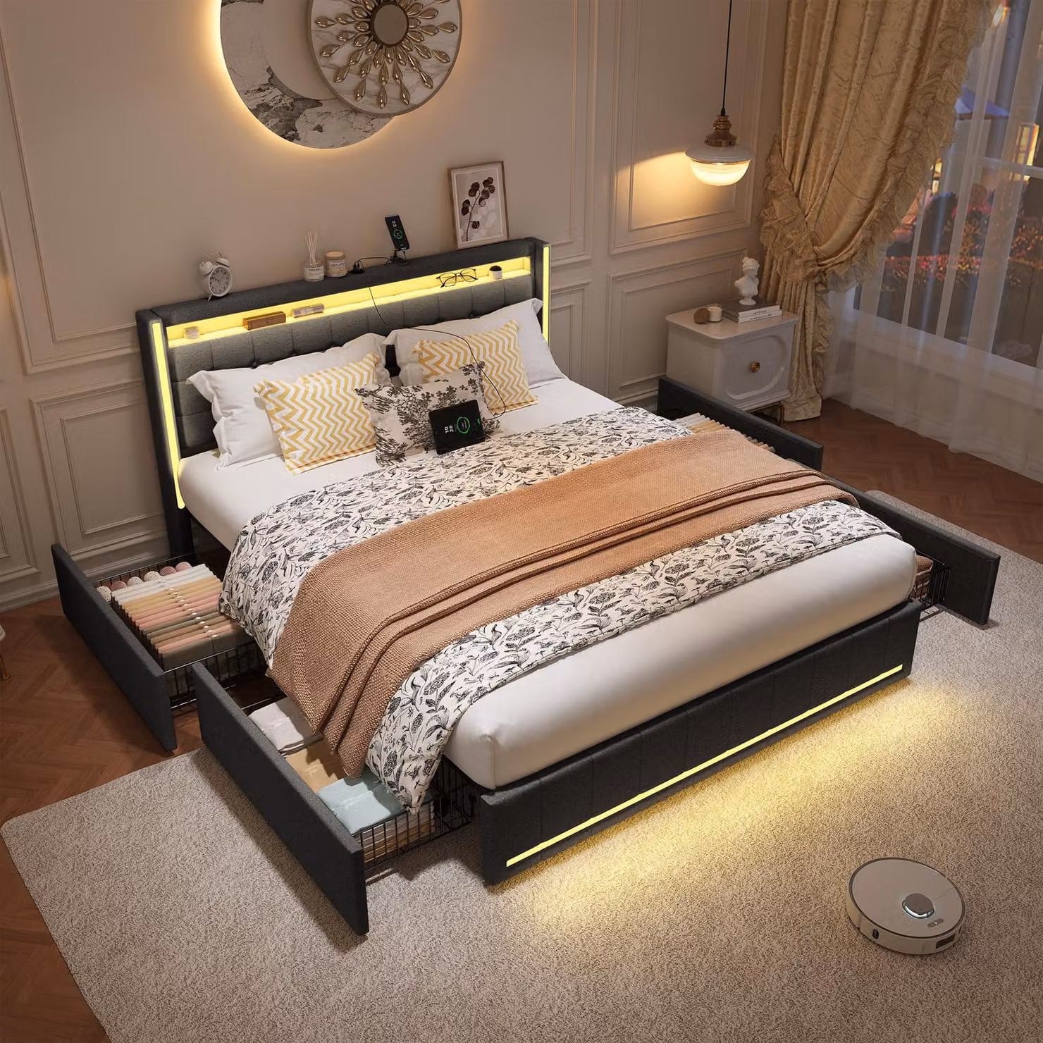 UnboxG Letto imbottito 160x200cm con 4 cassetti, con illuminazione a LED e ricarica USB, letto matrimoniale contenitore con rete a doghe, letto per ragazzi con LED, letto funzionale in legno, biancheria, grigio
