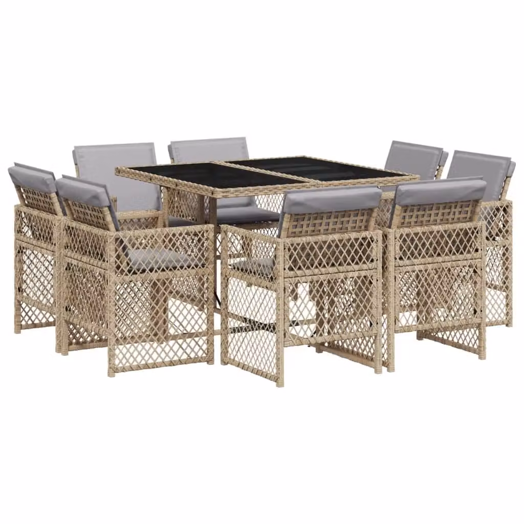 Set Pranzo da Giardino 9 pz con Cuscini Beige Misto Polyrattan