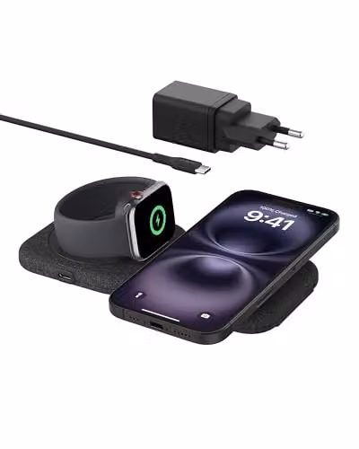 Belkin BoostCharge Pro Tappetino di Ricarica Magnetica 2 in 1 da 15W, Caricatore MagSafe, Caricabatterie Wireless pieghevole certificato Qi2 per iPhone 17, Air, Pixelsnap, Apple Watch 11 ed AirPods