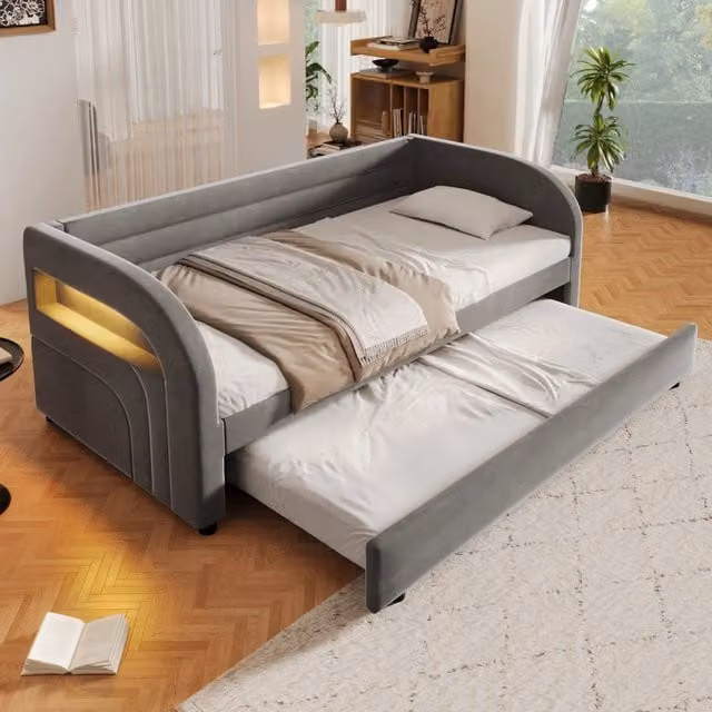 Letto imbottito 90x200 cm con letto estraibile e illuminazione LED multicolore; grigio