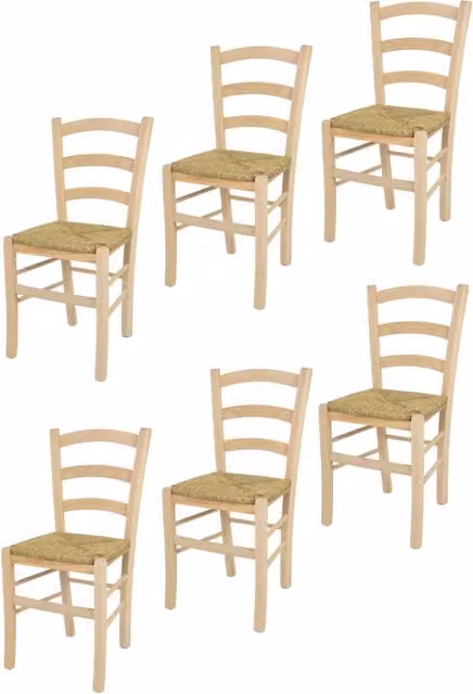 Set 6 sedie Venice Tommychairs, robusta struttura in faggio levigato, non trattato, 100% naturale e seduta in paglia