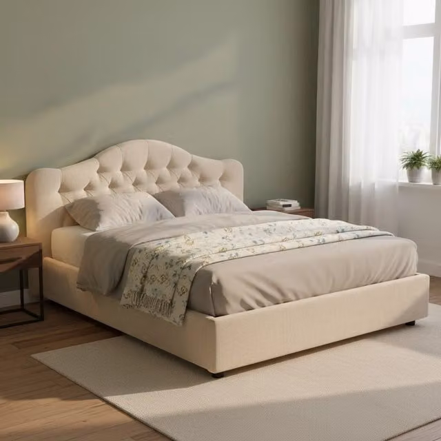 Letto Matrimoniale Arex DMORA con Contenitore e Rivestimento Sfoderabile Beige L/P: 160 x 200 cm – 1