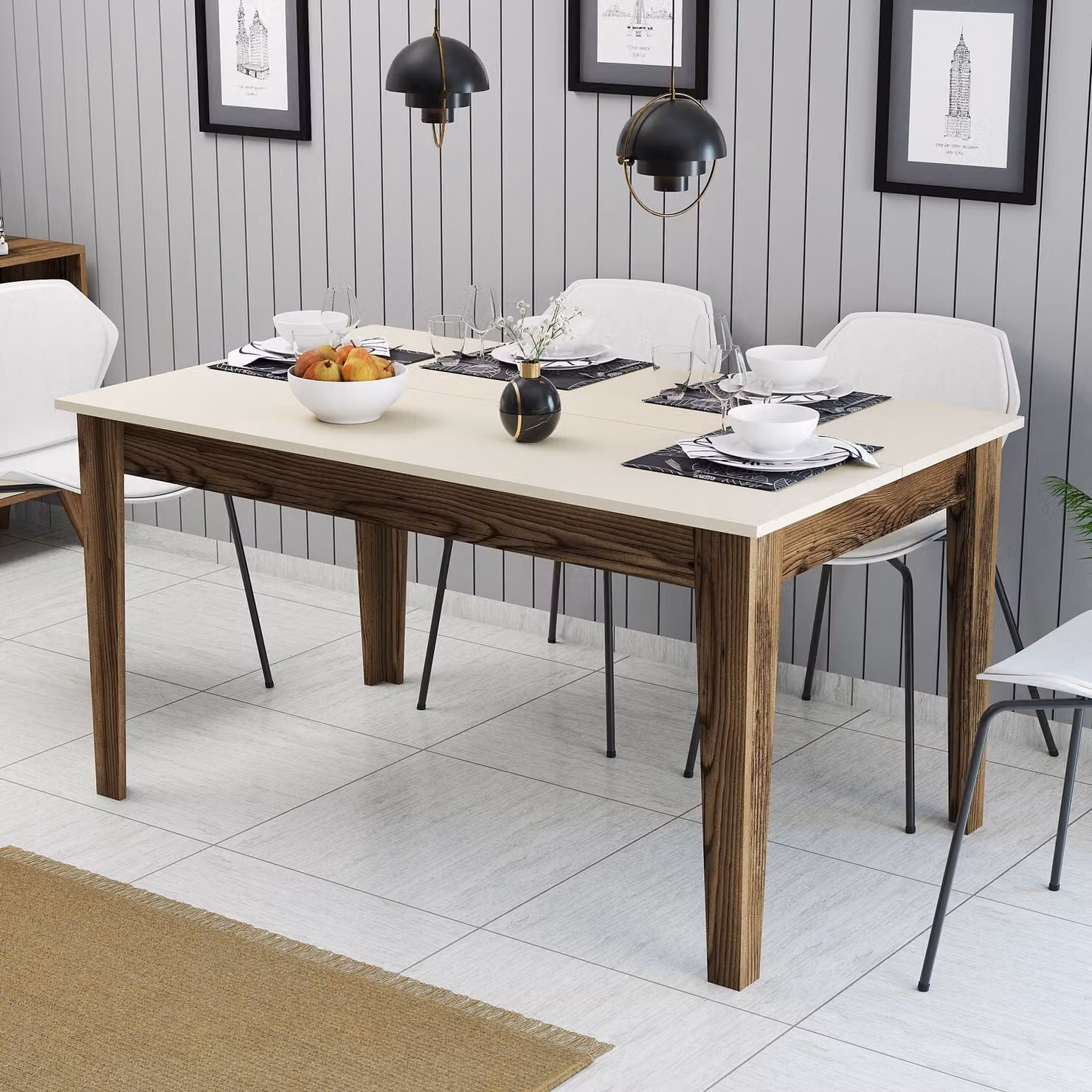 Skye Decor, Milano 517 - Noce, Crema, tavolo da pranzo, noce, pannello di legno rivestito in melaminico al 100 %, 145 x 88 x 75 cm