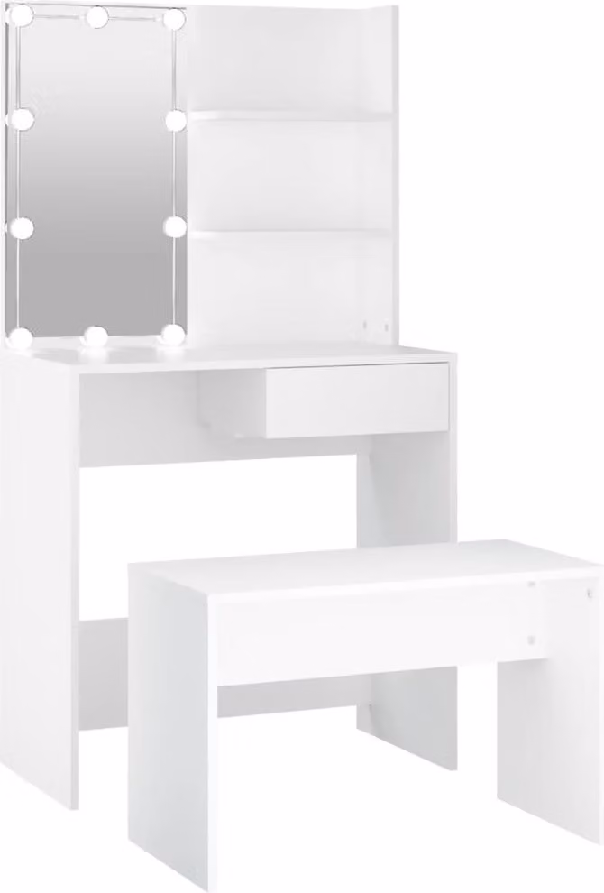 Set Tavolo da Toeletta Bianco con LED in Legno Multistrato