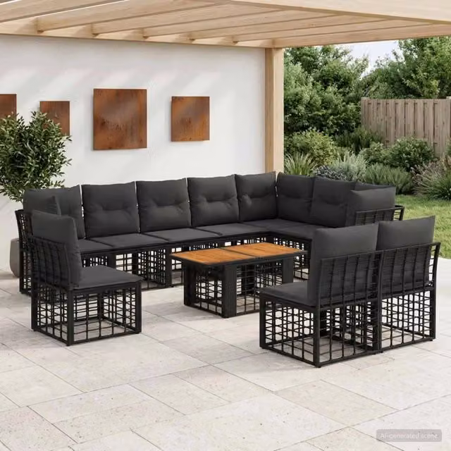 Set Divano da Giardino 11 pz Nero e Grigio scuro polyrattan 3437875
