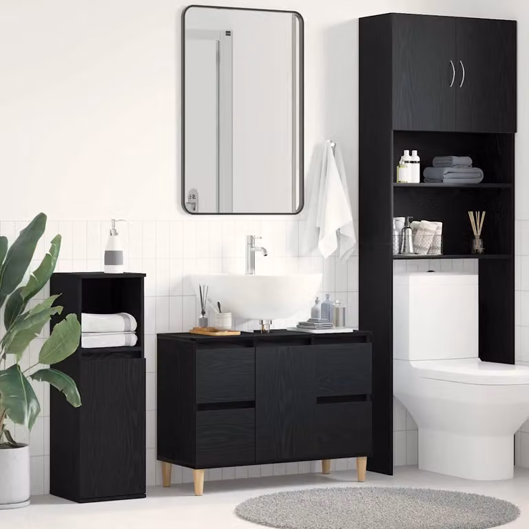 Armadio per lavabo da bagno moderno vidaXL in legno nero e rovere con ante a battente e ripiani interni, L: 80 cm, P: 33 cm, H: 60 cm