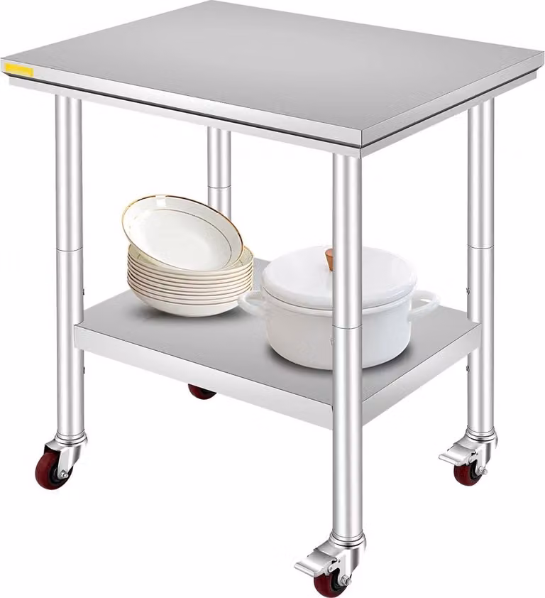 Tavolo da lavoro professionale 76 x 60 x 81 cm - Tavolo da ristorazione in acciaio inox - Portata 28 kg - Tavolo per la preparazione dei cibi con rotelle - Tavolo da lavoro commerciale per cucina e bar - 4 gambe regolabili