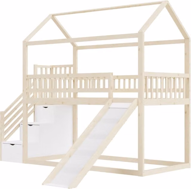 Letto a castello per bambini 90x200 cm in legno con scivolo, scala contenitore e struttura a sbarra alta
