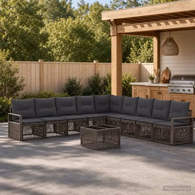 Set da giardino moderno vidaXL composto da 10 pezzi in rattan grigio con struttura in acciaio e cuscini imbottiti