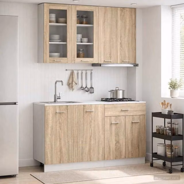 Unità cucina moderna vidaXL in legno color rovere con ante in vetro, 4 pezzi, marrone – 1