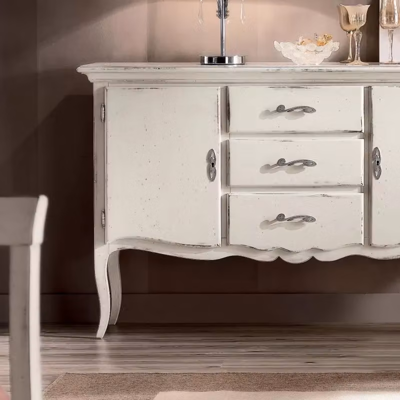 Credenza Mobili 2G in legno di faggio stile shabby chic bianco con 2 porte e 3 cassetti L: 150 cm, P: 45 cm, H: 96 cm – 4