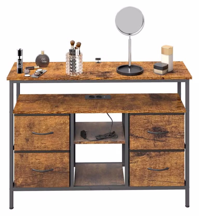 Comodino con cassetti e striscia LED, mobile contenitore con prese di corrente e porte USB, stile industriale, 110x30x78 cm, marrone