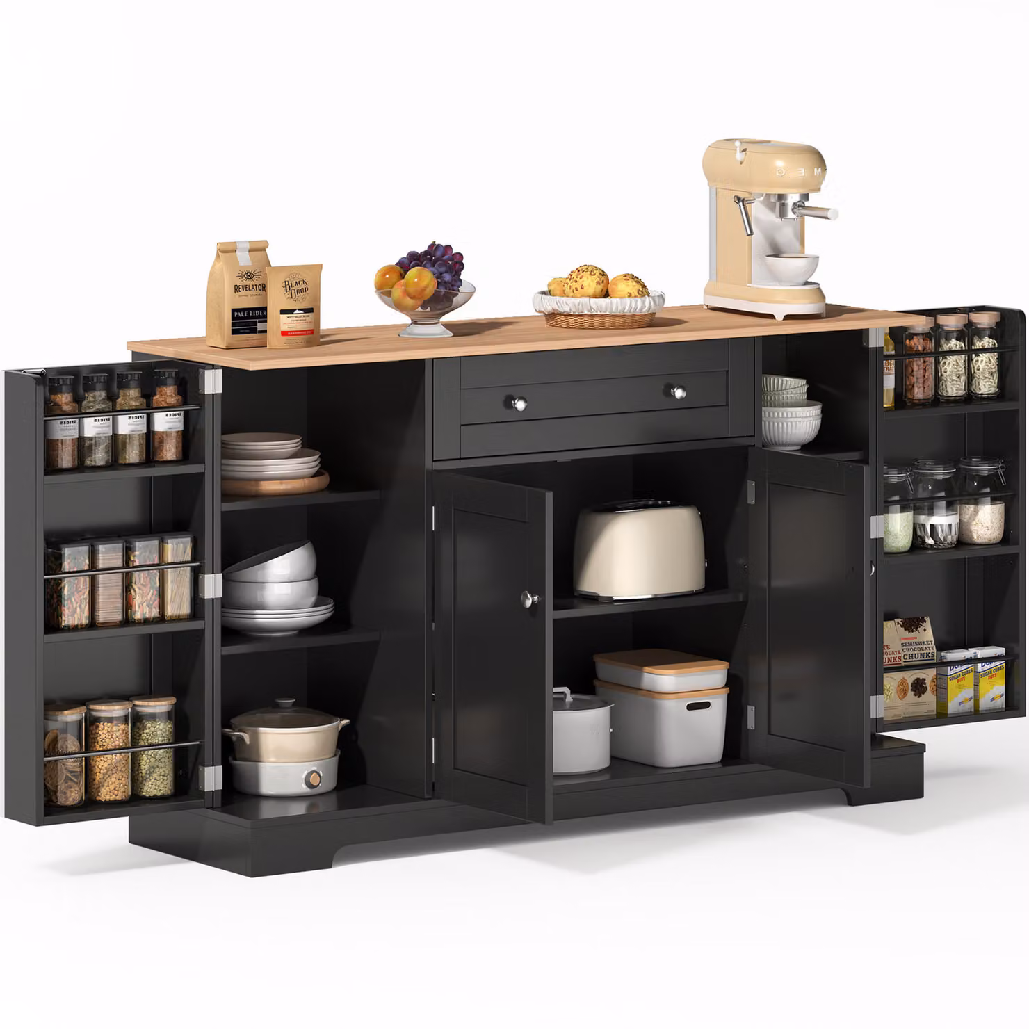 Credenza moderna, buffet da cucina, mobile multiuso, mobile di servizio con ampio spazio contenitivo, ripiani con sponde di protezione, supporto a muro con funzione anti-ribaltamento