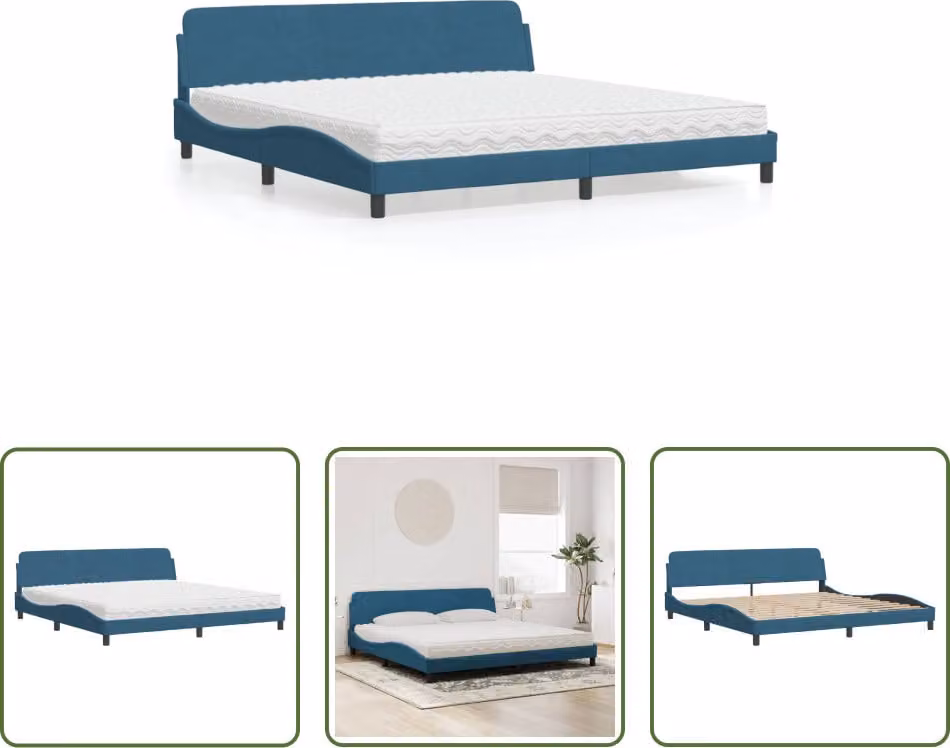 The Living Store Letto con materasso blu 200x200 cm in velluto