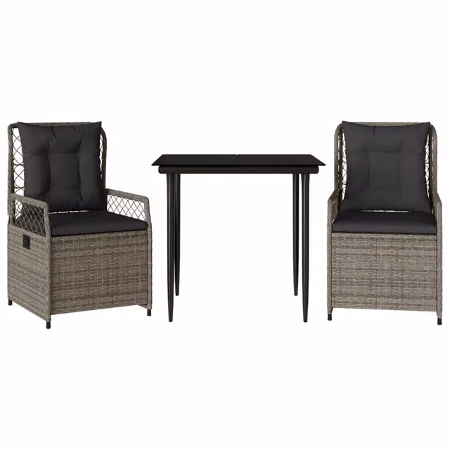 Set da Pranzo da Giardino 3 pz | Set Salotto da Giardino con Cuscini in Polyrattan Grigio