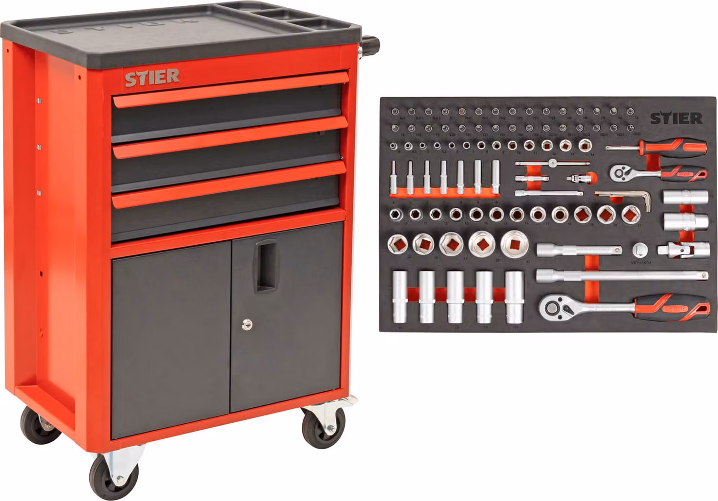 Carrello da officina e armadio STIER con 3 cassetti, equipaggiato con 92 pezzi, utensili in inserto in schiuma morbida (EVA), portata 200 kg