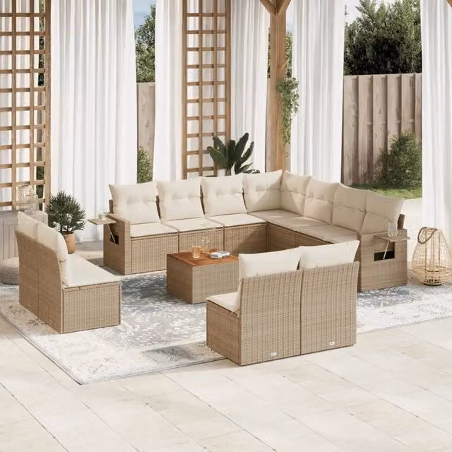 Set di Divani da Giardino vidaXL a Forma di U in Polyrattan con Cuscini Beige e Tavolino da Esterno