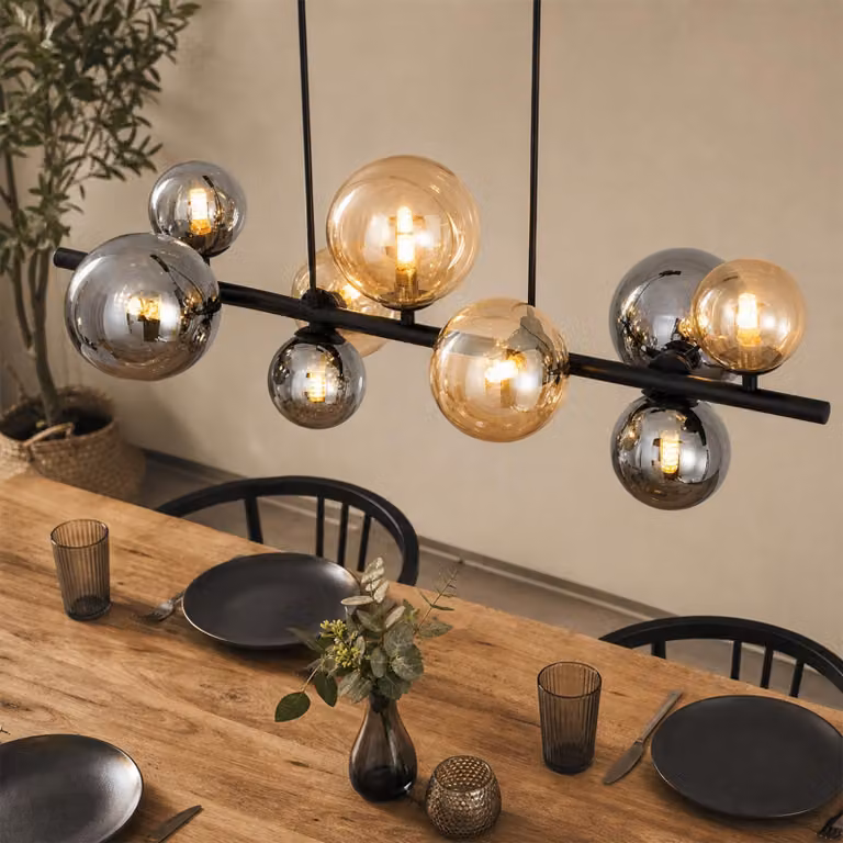Lampada a sospensione ZMH, ideale per tavoli da pranzo, lampada a sospensione in vetro per la sala da pranzo, 10 luci, design moderno, colore nero, attacco G9, stile vintage, altezza regolabile, adatta per sala da pranzo e soggiorno