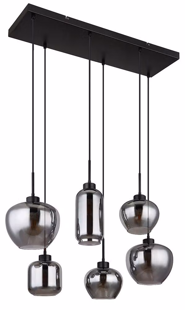 Lampada a sospensione, metallo, nero opaco, vetro color fumo, 6 lampadine