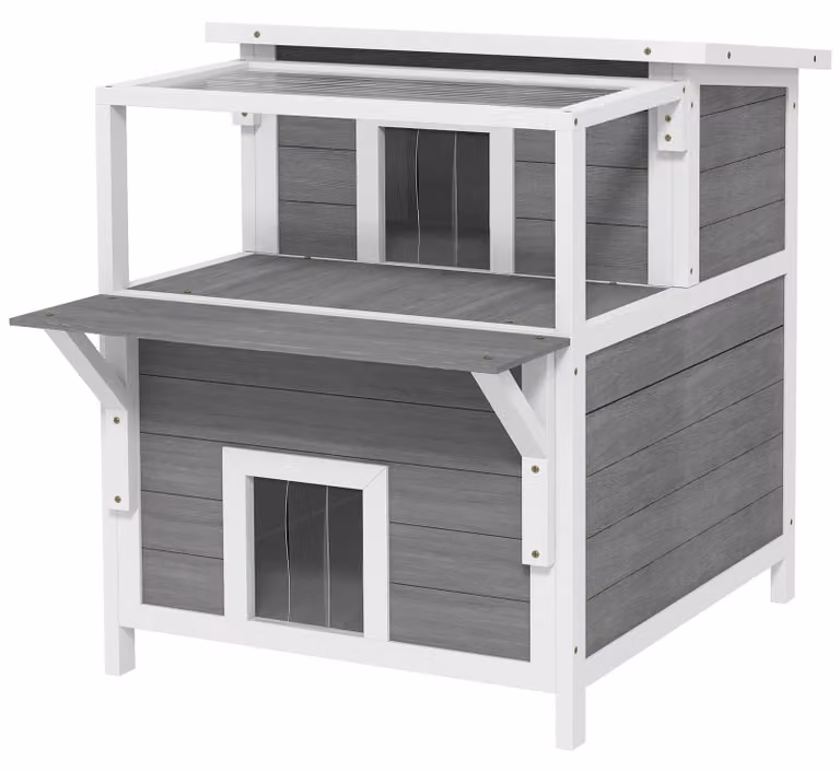 Casetta per gatti a due piani con balcone, adatta sia per interni che per esterni. Colore: grigio e bianco. Dimensioni: 87x64x76 cm