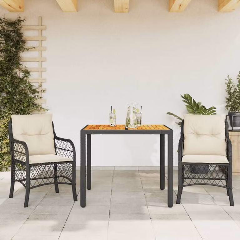 Set da Bistrò vidaXL in Polyrattan e Legno di Acacia con 3 Cuscini, Nero e Bianco per Giardino e Balcone