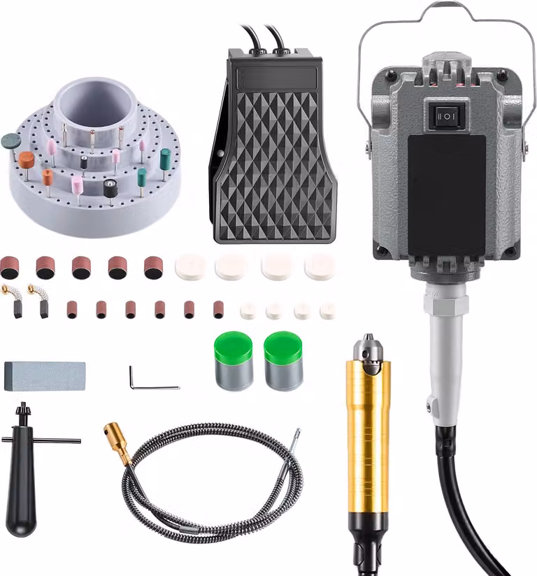 SucceBuy Utensile elettrico rotante, 1200 W, 30.000 giri/min, utensile rotante con comando a pedale e tubo flessibile, smerigliatrice sospesa con 112 accessori, ideale per levigare, lucidare e tagliare