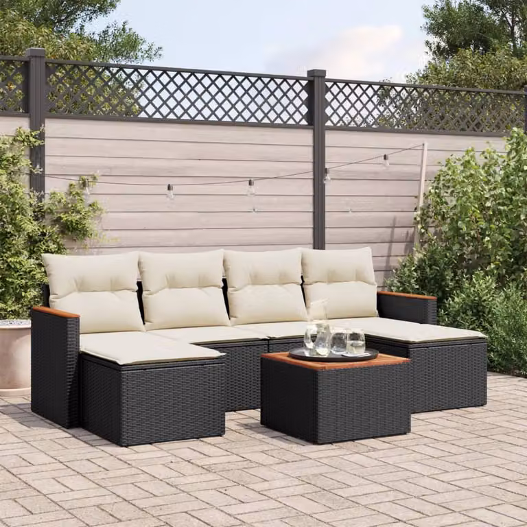 vidaXL Set Divano da Giardino a L con 7 Pezzi, Polyrattan e Acciaio Verniciato, Nero e Bianco