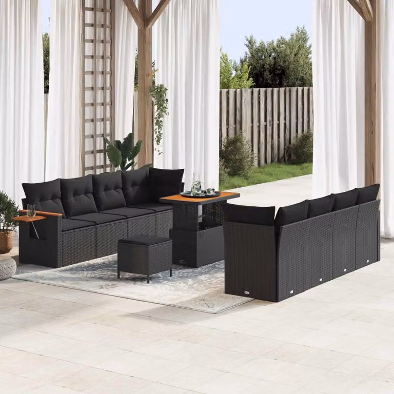 Set Divano da Giardino Moderno vidaXL in Polyrattan Nero con 11 Pezzi e Cuscini Inclusi