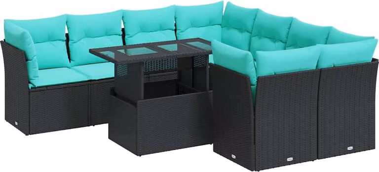 Set Divani da Giardino 9 pz con Cuscini Nero Polyrattan Acacia