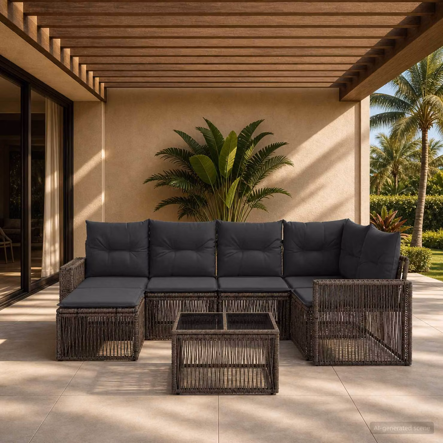 Set Divano da Giardino vidaXL 7 Pezzi a Forma di L in Polyrattan Grigio e Antracite con Cuscini e Tavolino